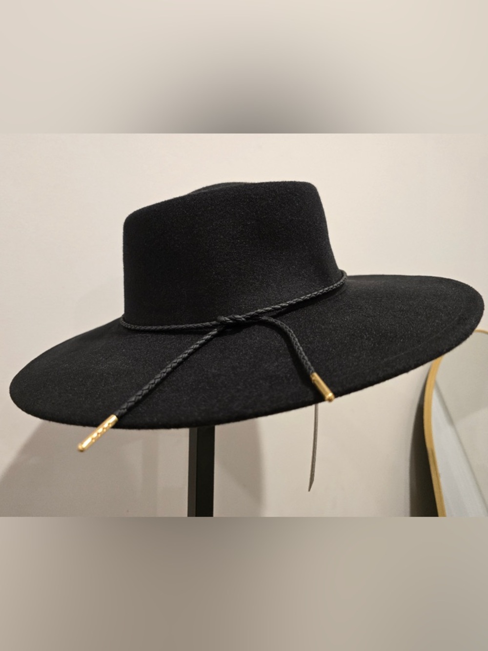 Catherine Malandrino Black Wide Brim Wool Fedora Rancher Hat with Braided Band